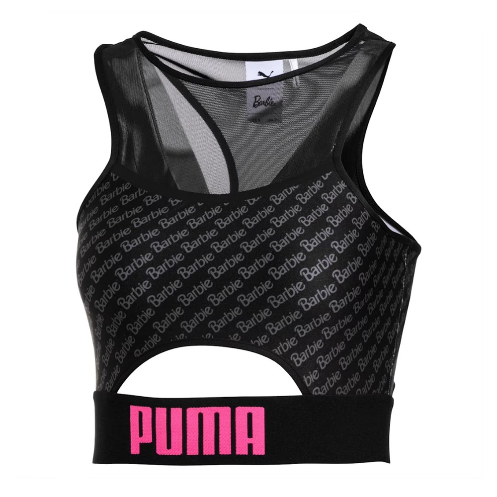 Puma x Barbie Collab Crop Top Tight Fit Black Barbie Logos W/ Pink Size XS NWT